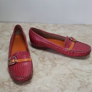 Cole Haan Pink & Orange Croc-Embossed Leather Loafers